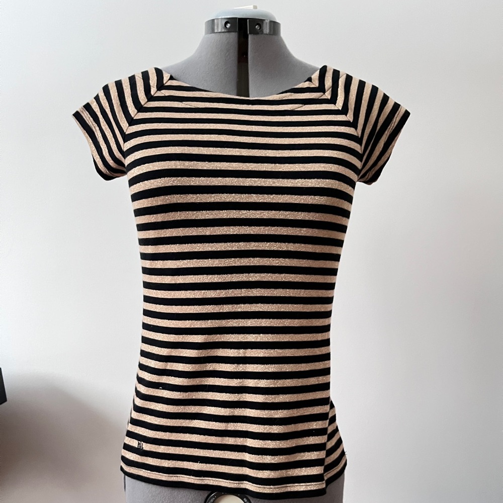 LAUREN by Ralph Lauren PETITE Gold and Black STRIPES Short Sleeved Dress Shirt M